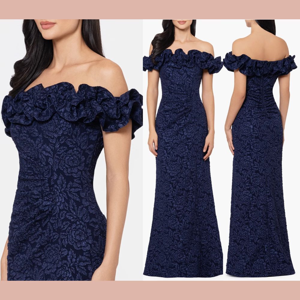 NEW $288 XSCAPE [ 16 ] Ruffle Off the Shoulder Brocade Gown Navy‎ Blue #S1669